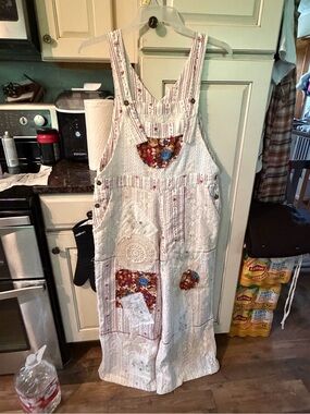 POL White Striped Patchwork Overalls with Red & Blue Accents